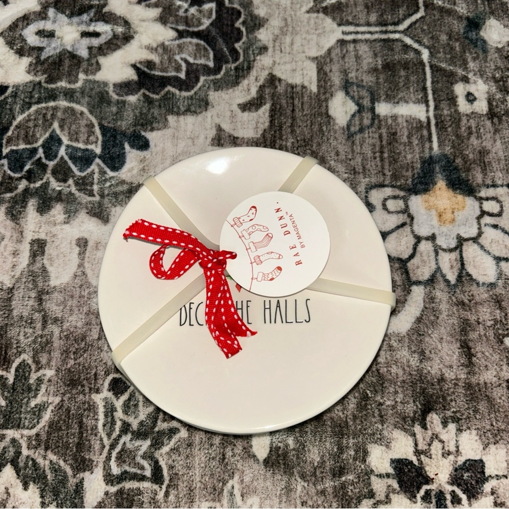 Rae Dunn White Ceramic Plates with Red Ribbon